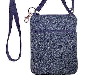Cell phone bag; Crossbody bag; Cell phone purse; Crossbody purse;  Blue/green floral cotton fabric; Free shipping; Handmade in the USA.