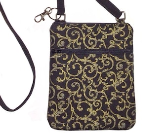 Handmade Cotton Crossbody Cell Phone Bag: Black & Gold Swirls