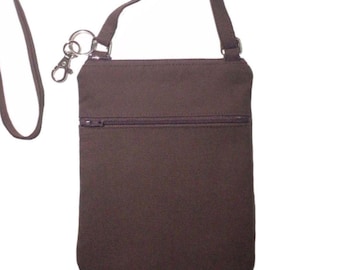 Cell phone bag; Crossbody bag; Cell phone purse; Crossbody purse; Brown canvas fabric; Free shipping; Handmade in the USA.