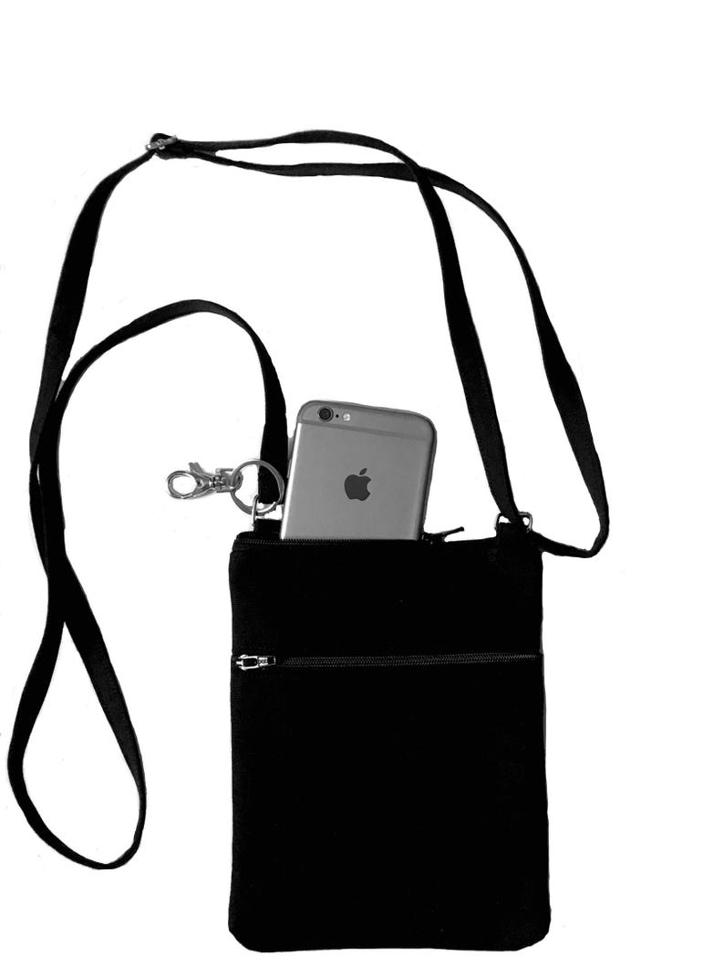Cell phone bag; Crossbody bag; Cell phone purse; Crossbody purse; Black canvas fabric; Free shipping; Handmade in the USA. image 2