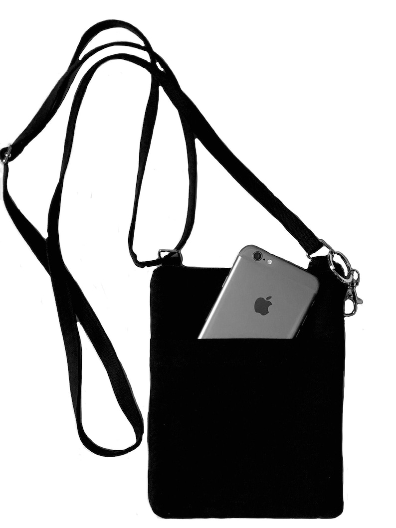 Cell phone bag; Crossbody bag; Cell phone purse; Crossbody purse; Black canvas fabric; Free shipping; Handmade in the USA. image 5