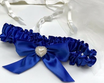 Royal Blue Garter with Heart shaped Rhinestones, Bridal Garter, Wedding toss, Toss garter, Wedding keepsake, Bride garter, (Ref:#1)