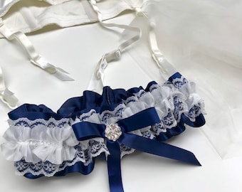 Navy Blue Garter with White Lace and Diamante Detail, Bridal Garter, Wedding toss, Toss garter, Wedding keepsake, Bride garter, (Ref:#2)