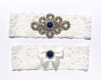 Floral Lace Garter Set with Ornate Beading and Blue Stone for your Something Blue