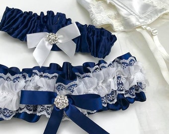 Navy Blue Garter 2 pieces Set, White Lace and Diamante Detail, Bridal Garters, Toss garter, Garter tossing, Wedding keepsake, You're next