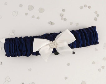 Navy Blue Garter with White Lace and Diamante Detail, Bridal Garter, Wedding toss, Toss garter, Wedding keepsake, Bride garter, (Ref:#1)