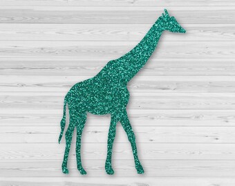 May include: A teal glitter giraffe silhouette stands on a white wood-grain background. The giraffe is facing right, with its long neck and legs visible. The words "Flexible designs" are in black script at the bottom left.