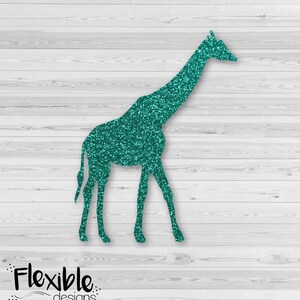 May include: A teal glitter giraffe silhouette on a white wood-grain background. The giraffe faces right, with its long neck and legs visible. The words "Flexible designs" are in black script at the bottom left.