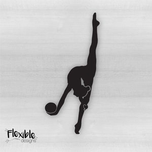 May include: Black silhouette of a rhythmic gymnast in a split, holding a ball. The gymnast has one leg extended upwards. The image includes the text "Flexible designs."