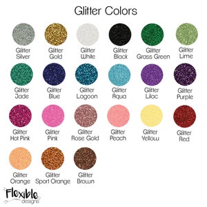 May include: A colour chart showing a range of glitter colours: silver, gold, white, black, grass green, and lime. Other colours include jade, blue, lagoon, aqua, lilac, purple, hot pink, pink, rose gold, peach, yellow, red, orange, sport orange, and brown.