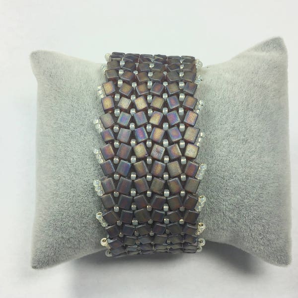 Bracelet manchette en cubes Miyuki Frosted Dark Topaz (Topaz glacé irisé) mat et rocailles argent