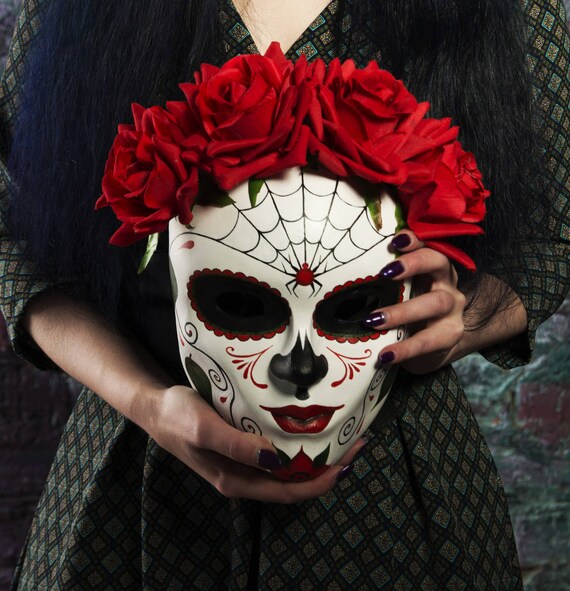 Items similar to Santa Muerte mask, Day of The Dead Mask, red flower