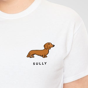 カスタム ダックスフント T シャツ、パーソナライズされた Doxie Wiener Dachshund ギフト、ダックスフント シャツ、ダップル パイボールド ロング ワイヤーヘアード ダックスフント T シャツ