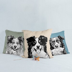 May include: Three decorative throw pillows featuring black and white illustrations of border collies. The pillows are displayed against a light blue backdrop.