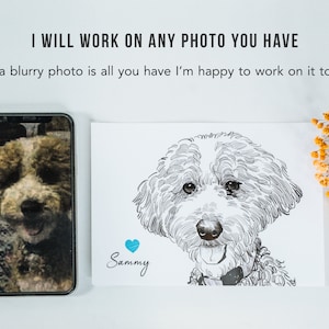 May include: A black and white line drawing of a dog with the name "Sammy" written below it. A blue heart is above the name.