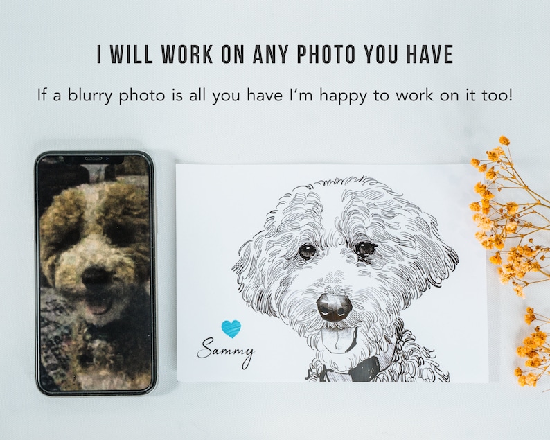 May include: A black and white line drawing of a dog with the name "Sammy" written below it. A blue heart is above the name.