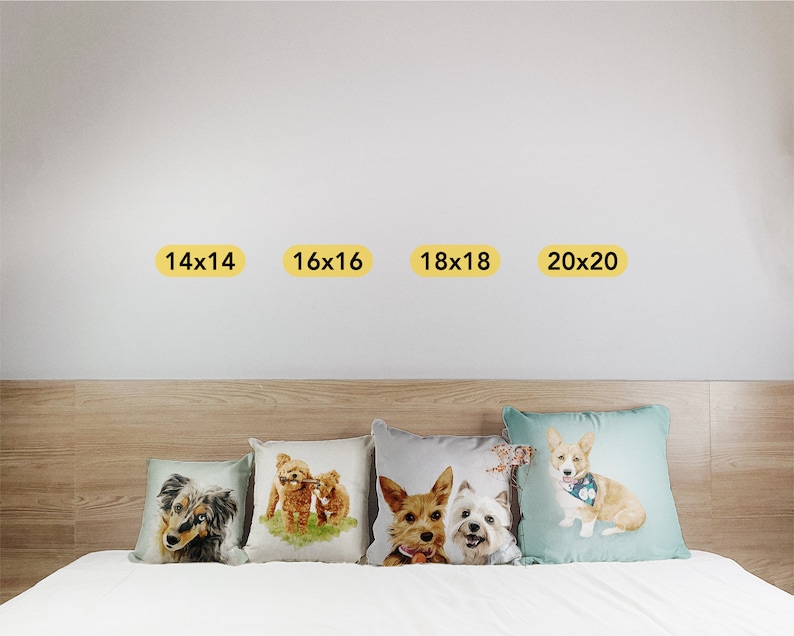 May include: Four decorative throw pillows with different dog breeds printed on them. The pillows are arranged on a bed with a wooden headboard. The pillows are available in four sizes: 14x14, 16x16, 18x18, and 20x20.