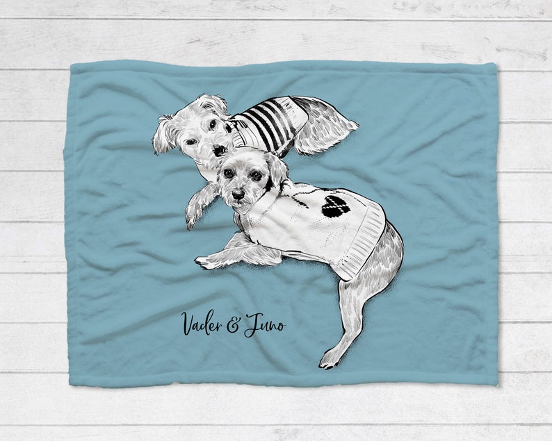 Puede incluir: Una manta de franela azul claro con una ilustraci&oacute;n en blanco y negro de dos perros con su&eacute;teres. El texto "Vader & Juno" est&aacute; impreso en la manta.