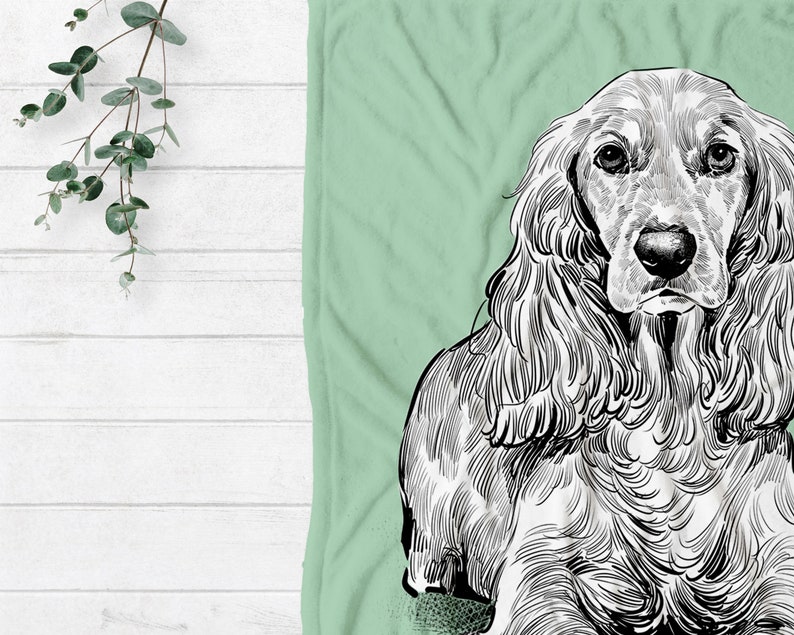 Puede incluir: Un dibujo en blanco y negro de un Cocker Spaniel sobre un fondo verde.