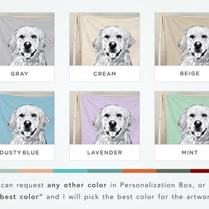Puede incluir: Seis opciones de color diferentes para una manta personalizada con una ilustraci&oacute;n en blanco y negro de un perro golden retriever. Los colores son gris, crema, beige, azul polvoriento, lavanda y menta.