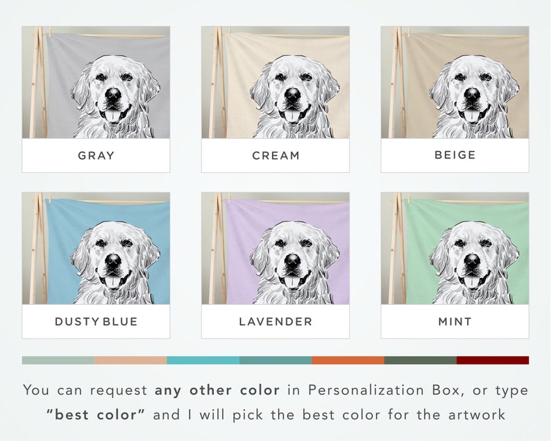 Puede incluir: Seis opciones de color diferentes para una manta personalizada con una ilustraci&oacute;n en blanco y negro de un perro golden retriever. Los colores son gris, crema, beige, azul polvoriento, lavanda y menta.