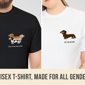 May include: Black and white t-shirts with dachshund dog graphics. One shirt features three dogs with the text "COCO & WILLOW & NOVA." The other shirt has a single dog with the name "GINGER." The text "UNISEX T-SHIRT, MADE FOR ALL GENDERS" is at the bottom.