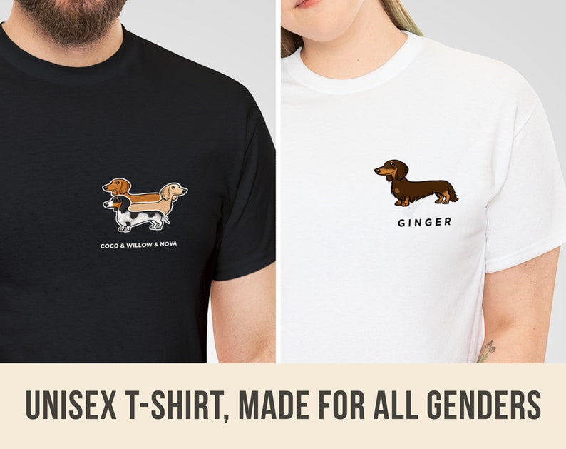 May include: Black and white t-shirts with dachshund dog graphics. One shirt features three dogs with the text "COCO & WILLOW & NOVA." The other shirt has a single dog with the name "GINGER." The text "UNISEX T-SHIRT, MADE FOR ALL GENDERS" is at the bottom.