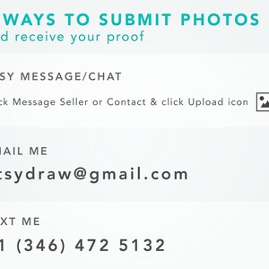 Puede incluir: Un fondo blanco con texto turquesa que describe tres formas de enviar fotos para un dibujo personalizado. El texto dice "3 WAYS TO SUBMIT PHOTOS and receive your proof." Las opciones son "ETSY MESSAGE/CHAT", "EMAIL ME etsydraw@gmail.com", y "TEXT ME +1 (346) 472 5132".