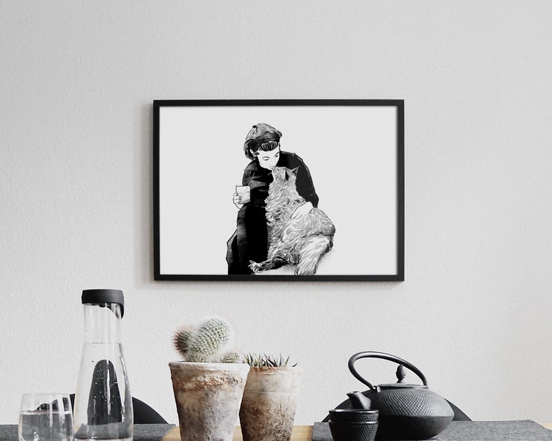 May include: Black and white illustration of a person holding a cat. The person is wearing a hat and holding a cup. The cat is looking up at the person.