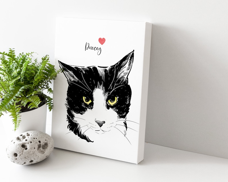 May include: A black and white cat with yellow eyes, drawn in a simple style. The cat's name, "Brucey", is written in cursive above the cat's head, with a red heart next to it.