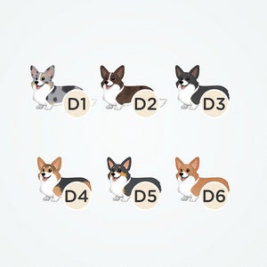 May include: Six different colored cartoon corgi dogs with white markings. Each dog is labeled with a number from D1 to D6.