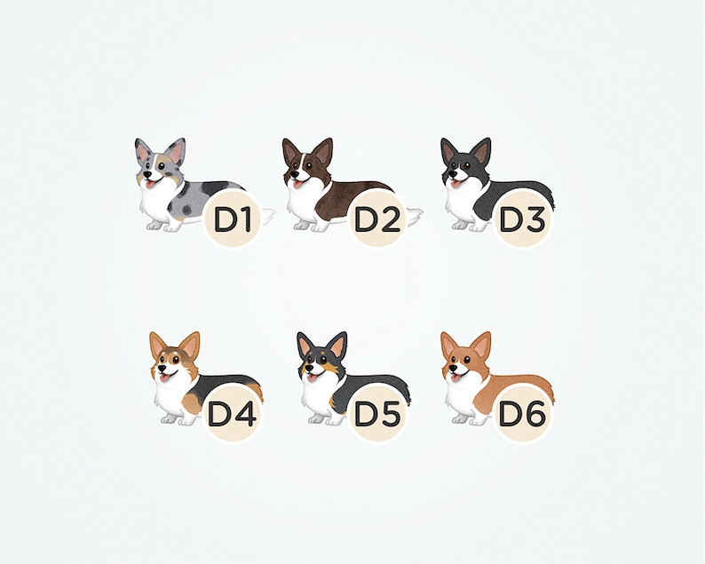 May include: Six different colored cartoon corgi dogs with white markings. Each dog is labeled with a number from D1 to D6.