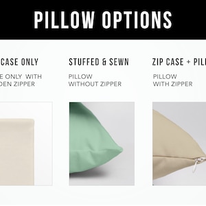 May include: Three pillow options are shown: a white pillowcase with a hidden zipper, a light green pillow without a zipper, and a beige pillow with a zipper. The text "PILLOW OPTIONS" is at the top of the image.