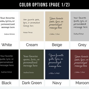 Pu&ograve; includere: Opzioni di colore per un modello di design stampabile. Il modello include una citazione, un testo o un messaggio personalizzato personalizzabile. I colori mostrati sono bianco, crema, beige, grigio, nero, verde scuro, blu navy e marrone.