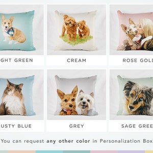 May include: Six different colored throw pillows with various pet portraits printed on them. The pillows are arranged in two rows of three. The colors of the pillows are light green, cream, rose gold, dusty blue, grey, and sage green.