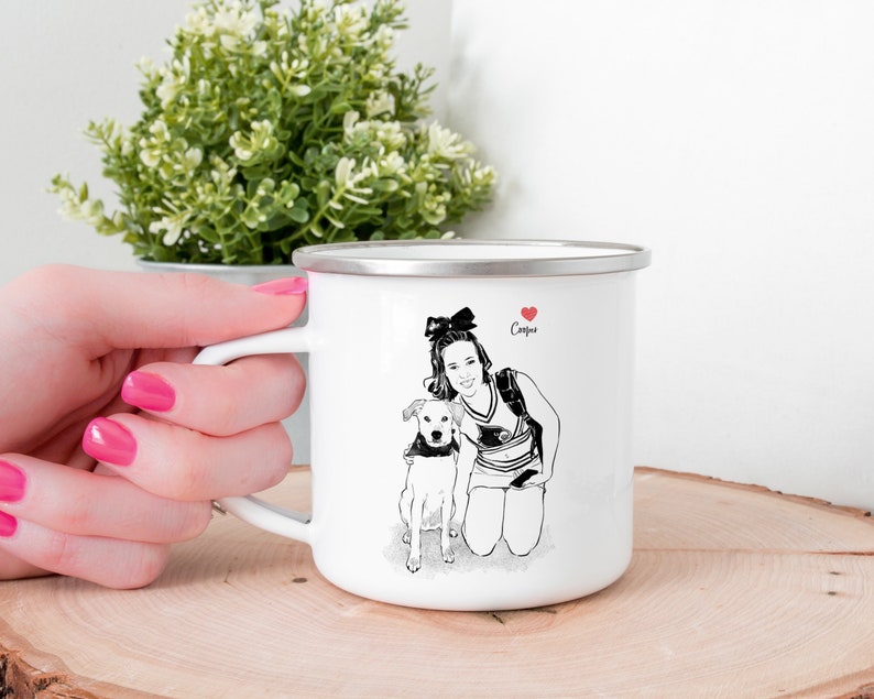 May include: White enamel camping mug with a black and white illustration of a person and a dog. The person is wearing a cheerleading uniform and has a red heart with the word "Campus" above it.