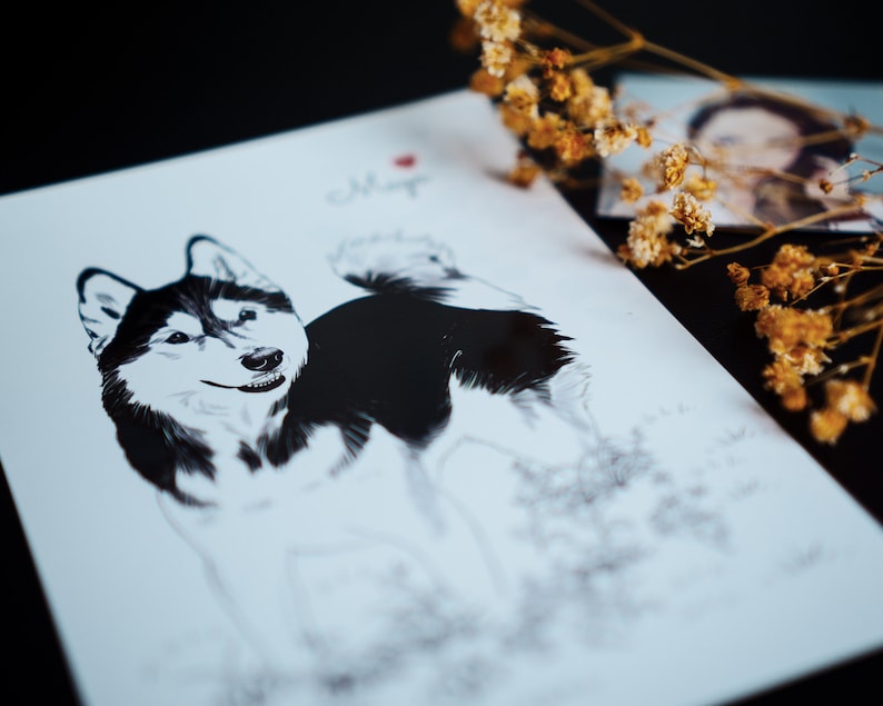 May include: A black and white drawing of a husky dog on a white card with the name "Maya" written in cursive. The card is surrounded by dried flowers.