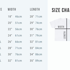 May include: A white t-shirt size chart with measurements in inches and centimeters. Sizes range from S to 5XL, with corresponding widths and lengths. The chart includes a diagram illustrating width and length measurements.