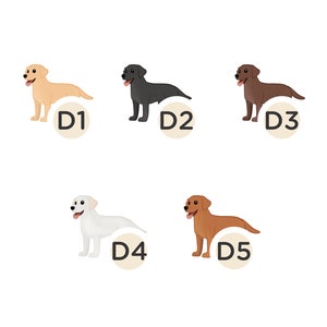 Pode incluir: Cinco c&atilde;es Labrador Retriever de diferentes cores: amarelo, preto, castanho, branco e vermelho. Cada c&atilde;o &eacute; etiquetado com uma letra e um n&uacute;mero, de D1 a D5.