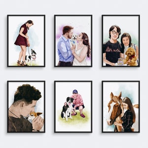 Puede incluir: Seis pinturas de acuarela enmarcadas de parejas con sus mascotas. Las pinturas est&aacute;n en marcos negros y est&aacute;n colgadas en una pared blanca. Las pinturas presentan una variedad de animales, incluidos perros, un caballo y un gato.