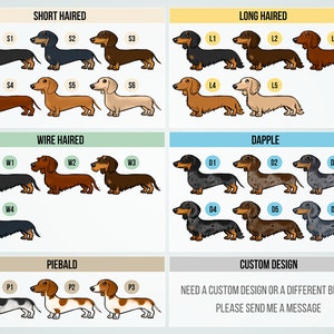 May include: A chart featuring various dachshund dog illustrations categorized by coat type: short-haired, long-haired, wire-haired, dapple, and piebald. Each category showcases different color variations. Text at the bottom reads: "NEED A CUSTOM DESIGN OR A DIFFERENT BREED? PLEASE SEND ME A MESSAGE."