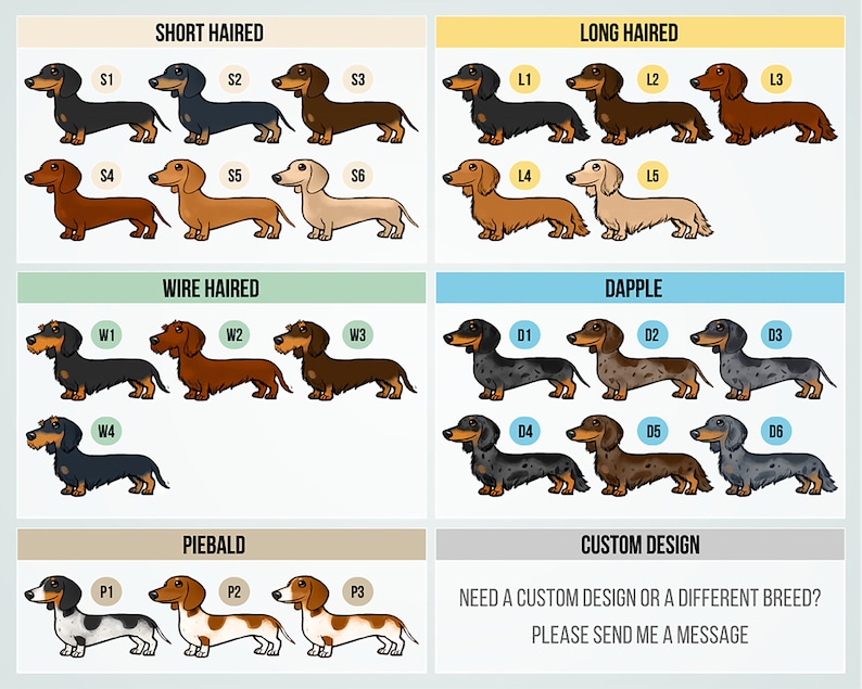 May include: A chart featuring various dachshund dog illustrations categorized by coat type: short-haired, long-haired, wire-haired, dapple, and piebald. Each category showcases different color variations. Text at the bottom reads: "NEED A CUSTOM DESIGN OR A DIFFERENT BREED? PLEASE SEND ME A MESSAGE."