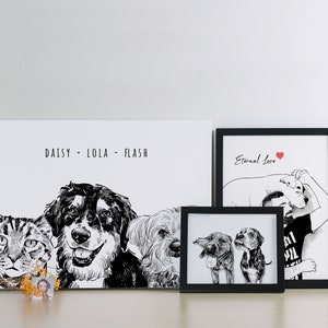 May include: Three black and white illustrations of pets, a cat, a dog, and a dog, with the names Daisy, Lola, and Flash written above them.  The illustrations are framed in a white frame.