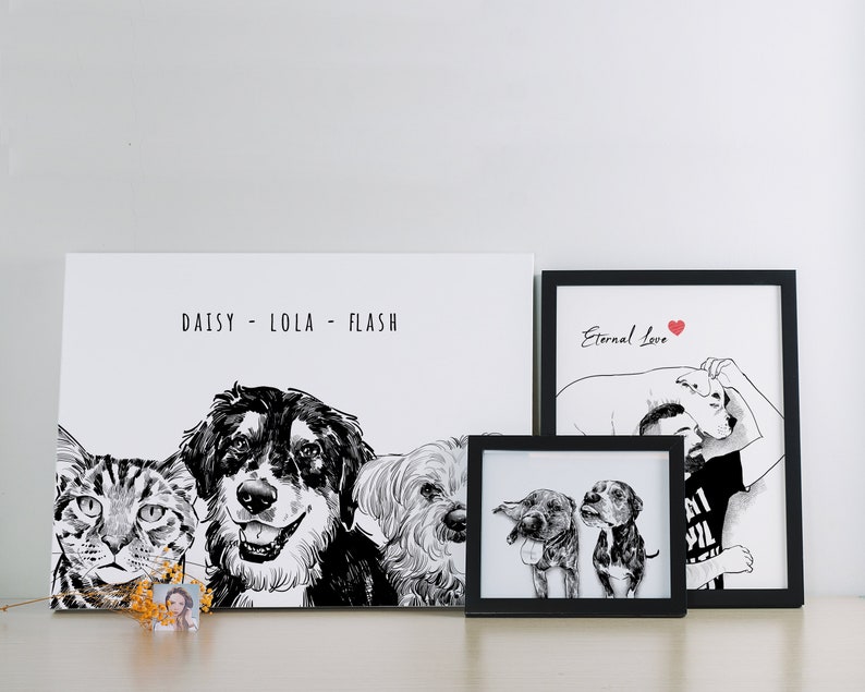May include: Three black and white illustrations of pets, a cat, a dog, and a dog, with the names Daisy, Lola, and Flash written above them.  The illustrations are framed in a white frame.