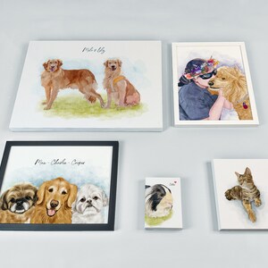 K&ouml;nnte beinhalten: Drei gerahmte Aquarellbilder von Hunden und einer Katze. Das erste Bild zeigt zwei Golden Retriever, das zweite zeigt eine Frau mit einem Golden Retriever und das dritte zeigt eine getigerte Katze. Die Bilder sind alle in einem wei&szlig;en Rahmen.