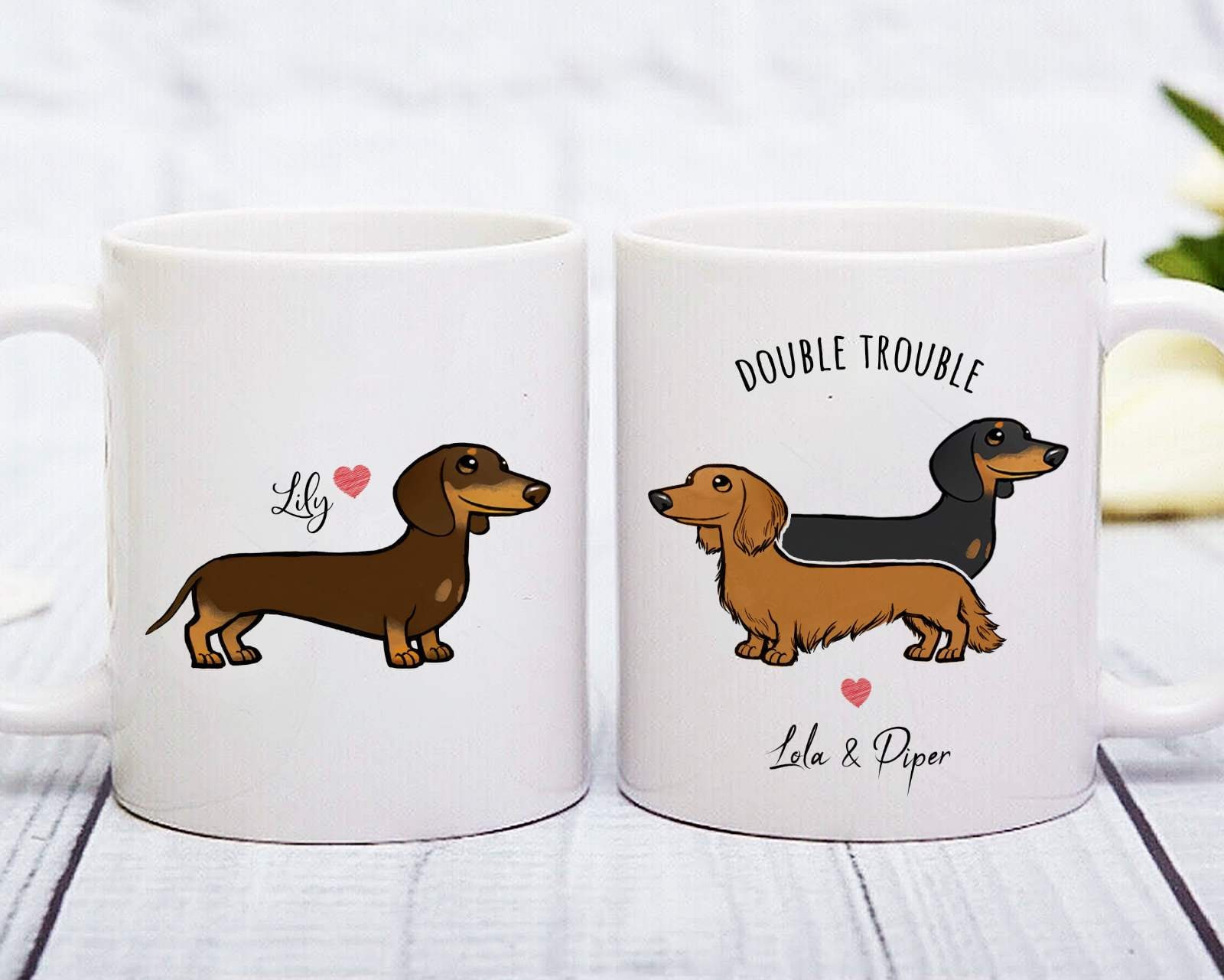 Tasse Personnalisée de Dachshund, Cadeau Personnalisé Doxie Wiener Tasse Double Trouble Propriétaire