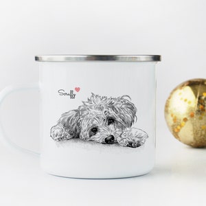 May include: White enamel mug with a black and white illustration of a dog with the name "Scruffy" written in black text and a small red heart.