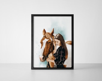 Custom Horse Portrait Using Photo, Personalised Print Equestrian Portrait, Horse Painting, Gifts for Horse Lovers, Horse Drawing