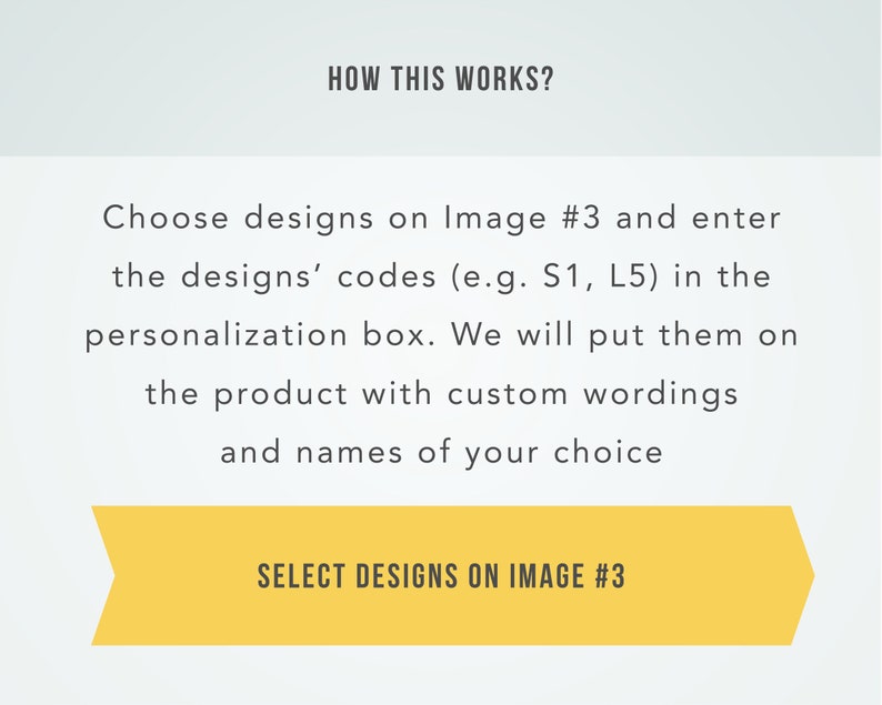 Puede incluir: Una pancarta amarilla con el texto "SELECT DESIGNS ON IMAGE #3" sobre un fondo blanco. El texto sobre la pancarta explica c&oacute;mo personalizar un producto eligiendo dise&ntilde;os de la Imagen #3 e introduciendo sus c&oacute;digos en un cuadro de personalizaci&oacute;n.
