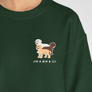 Pode incluir: Uma camisa de moletom verde escura com um gr&aacute;fico branco de tr&ecirc;s labradores. Os c&atilde;es est&atilde;o em linha, com o c&atilde;o branco na frente, seguido por um c&atilde;o amarelo e depois um c&atilde;o marrom. O texto "JIN & BIN & ILY" est&aacute; impresso abaixo dos c&atilde;es.